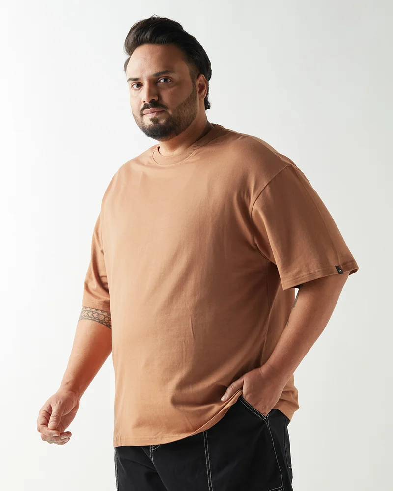 bewakoof Men's Camel Brown Oversized Plus Size T-shirt
